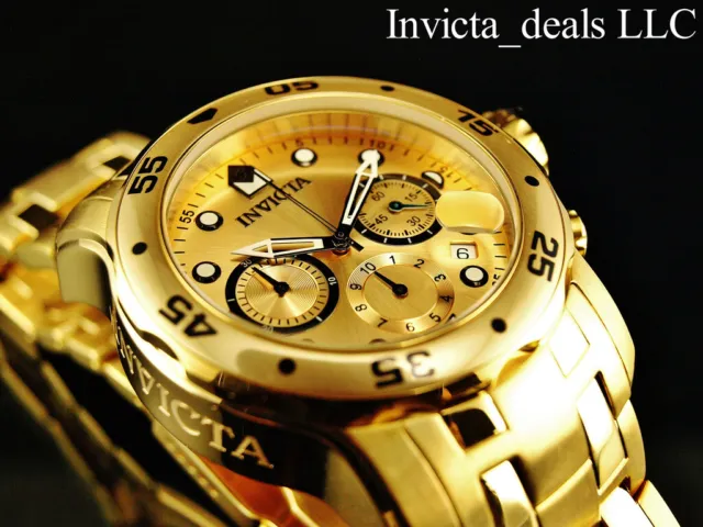 Invicta Men's 48mm PRO DIVER Scuba Chronograph Gold Dial 18K Gold Plated Watch 3