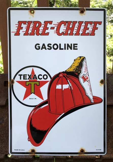 Vintage 1990 Dated Texaco Fire Chief Gasoline 18" Porcelain Gas Oil Sign