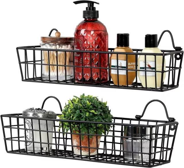 Display Hanging Baskets, Wall Mounted Black Metal Wire Storage Baskets, Set of 2