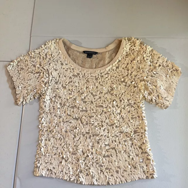 French Connection Womens Cream Sequin Beaded Top Blouse Shirt Size 2