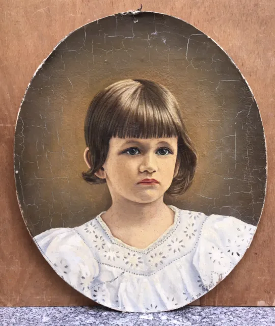 Tableau Ancien Huile Portrait Ovale Jeune Fille Enfant Col Blanc XIXe