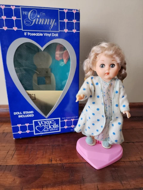 Vintage 1980s Vogue Ginny Doll Blonde Braids Nightgown Robe Slippers Stand Brush