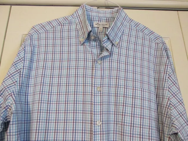 Peter Millar Shirt Mens Large Summer Comfort Blue/Brown Check Long Sleeve