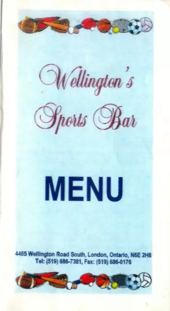 Restaurant Menu Wellington’s Sports Bar London ON Ontario Defunct