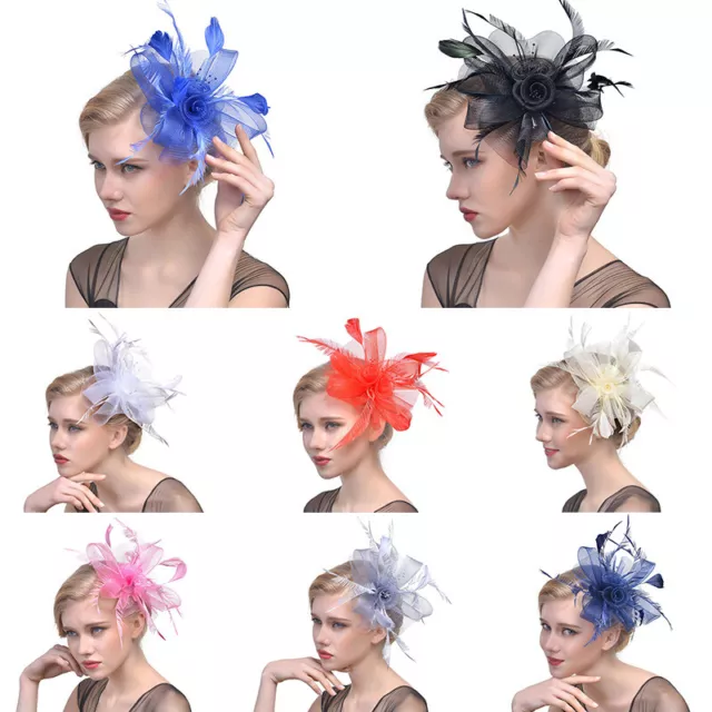 Women Fascinator Feather Hat Flower Hair Clip Church Wedding Party Headwear - 3