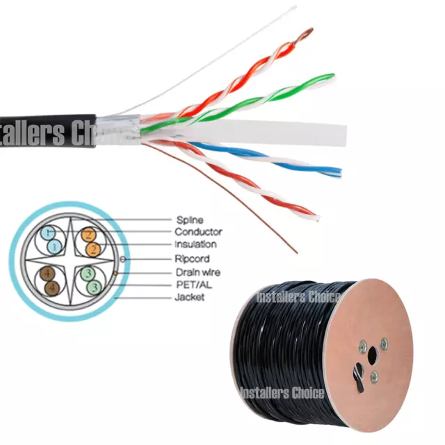 CAT6 1000FT FTP Shielded Outdoor Network Ethernet Cable Bulk 550MHz 23 AWG Black