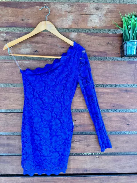 Women Lace One Shoulder Long Sleeve Blue Dress Size Small