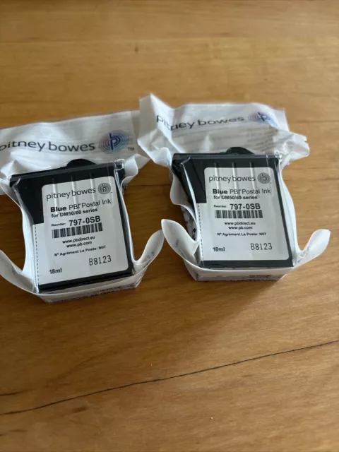 2 Original OEM Pitney Bowes K700, DM50/60 BLUE PBI Postal Ink Cartridge 797-0SB