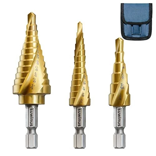 HSS Step Drill Bit 3-Piece Set Titanium Coated Spiral Grooved Step Drill Bit ...