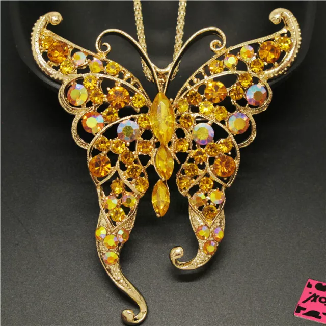Fashion Women Yellow Bling Rhinestone Butterfly Crystal Sweater Chain Necklace