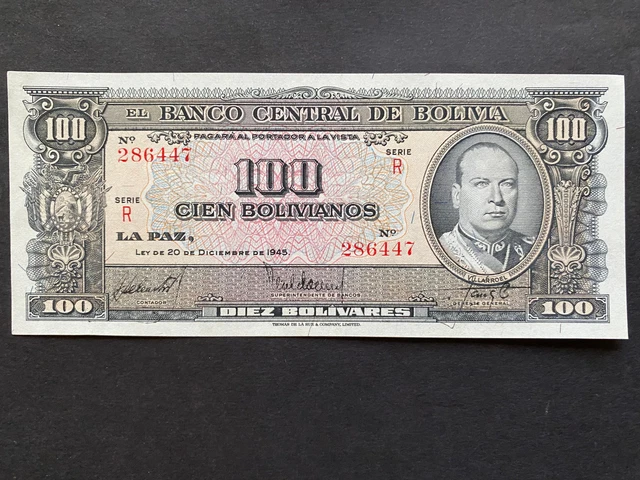 BOLIVIA, 1945, Billete Banco Central de Bolivia, 100 BOLIVIANOS, Serie R, UNC