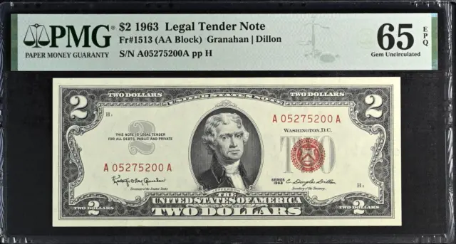 1963 $2 Red Seal Legal Tender Note, Fr1513 Pmg Gem Uncirculated 65 Epq 5200