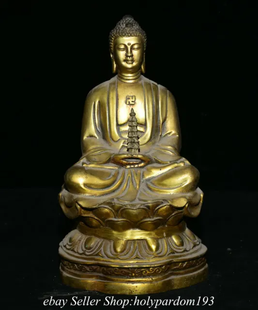 10.4" Old Tibet Tibetan Bronze Gilt Seat Shakyamuni Amitabha Buddha Statue