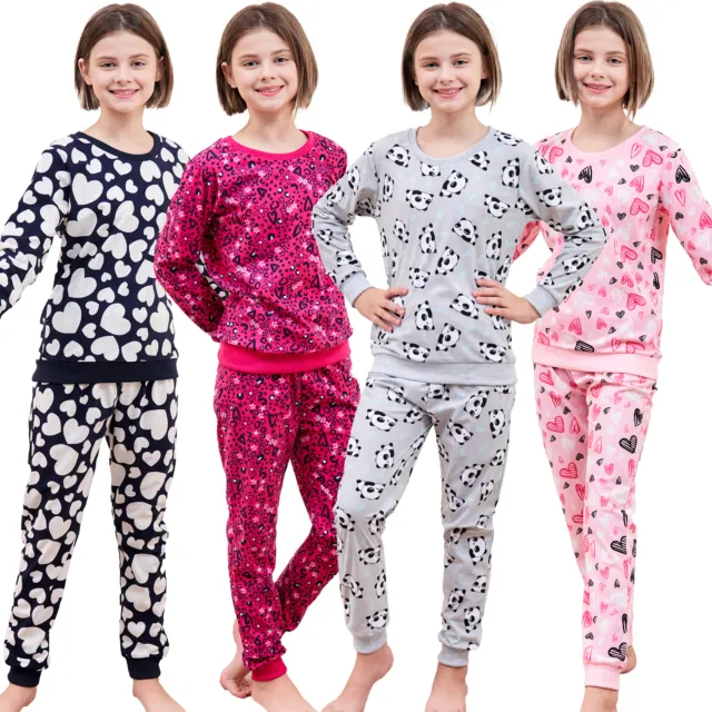 Girls Fleece Pyjamas Supersoft Cosy Set Long Sleeve Hearts Nightwear 4-13 Years