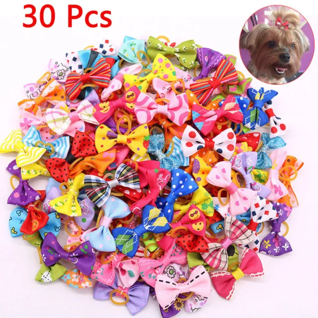 30Pcs 3D Small Puppy Pet Dog Cat Rhinestone Hair Bows Rubber Bands Grooming □