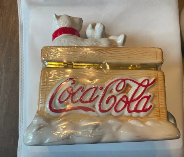 coca-Cola polar bear ice chest hinged lid, ceramic trinket box, Houston harvest