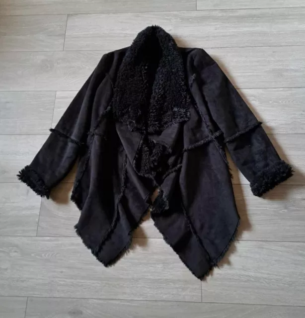 M&S Black Faux Fur Lined & Trim & Faux Suede Waterfall Jacket Short Coat Size M