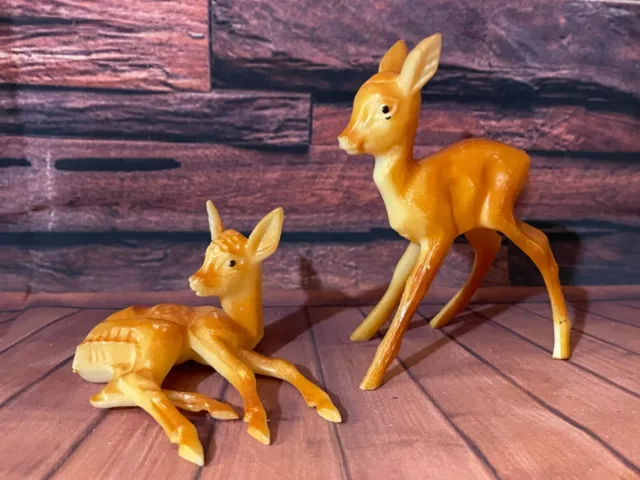 VTG Bambi Deer Laying Fawn Christmas Reindeer Celluloid Plastic Figures Lot of 2