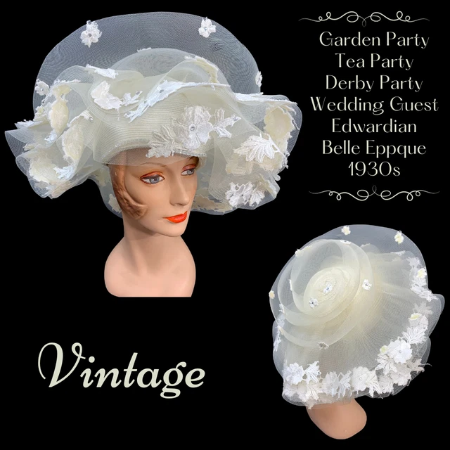 Vintage Beige Net Derby Hat Wedding Guest Church Edwardian Belle Epoque Garden