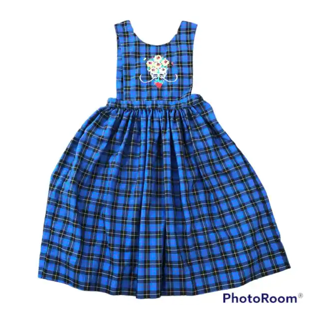 Vintage 1990s Girl 8 Plaid Jumper Flower Embroidery Blue Black Schoolgirl Dress