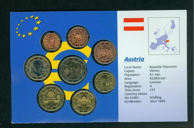 2002 AUSTRIA 8 Coin Uncirculated Euro SET 2€ ; 1€ ; 50; 20; 10;  5 ; 2 ; 1 Cents