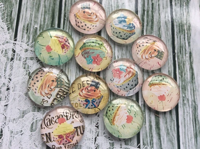 10 Cupcake Bakery Pastel Cabochons 16-25mm Mixed Round Glass Cabochon Flat Back