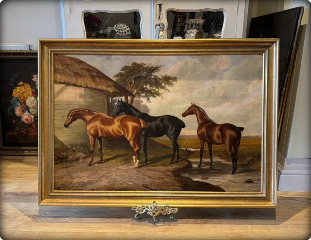 Large Antique Late 19th Century Oil On Canvas Painting ‘Study of Horses’