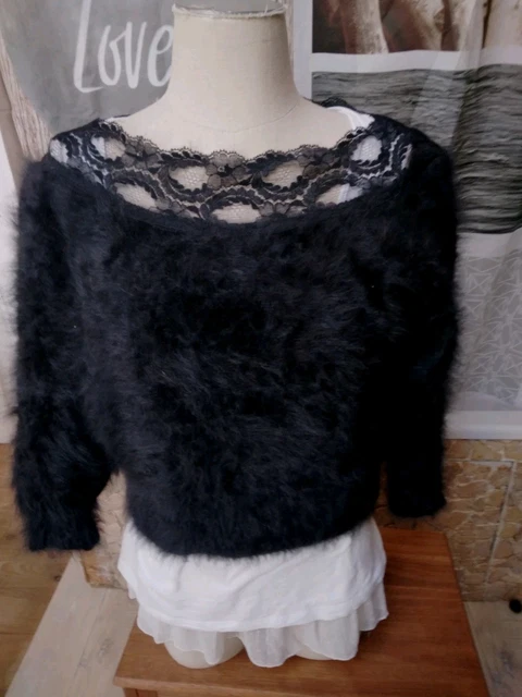 Pull Anny Blatt Tricoté Main - Angora Noir - Taille 44 - Parfait état - Vintage ?