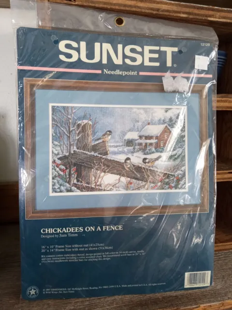 Kit de Colección Sunset Needlepoint #12129 Chickadees on a Fence Nuevo 1997 Sellado Sam Timm