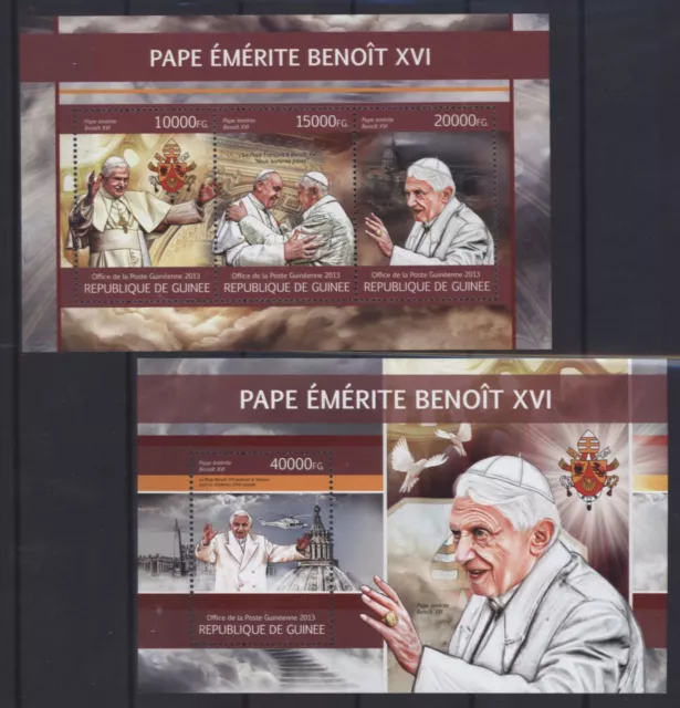 Guinea 2013 - Pope Benedict + Francis - Pope Benedict No. 9765-67 + Block 2216