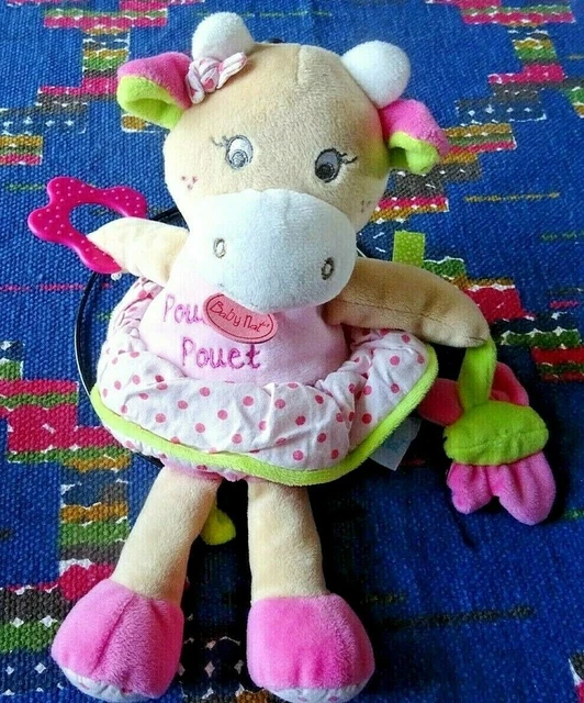 Np / Peluche Doudou Baby Nat Vache Robe Super Craquante Rose Vert  Pouet  Tbe