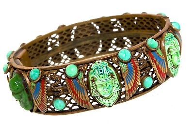 Vtg Art Deco MAX NEIGER Czech Egyptian Pharoah Revival Brass Bangle Bracelet
