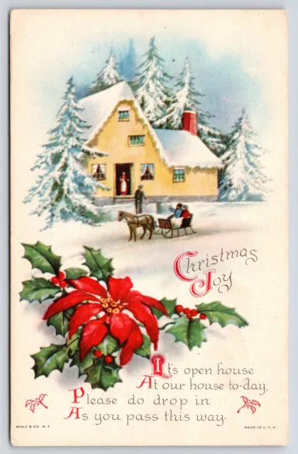 Clapsaddle Christmas~Horse Drawn Sleigh Arrives Home~Woman Greets From Door~WOLF