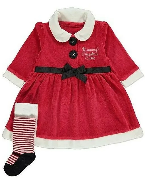BNWT Baby Girls Red Mummy's Christmas Cutie Santa Party Dress Tights/Shoe Outfit