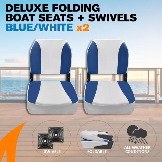 2 x Deluxe Blue & White Boat Folding Boat Seats w/ Swivels. Marine Fishing Chair