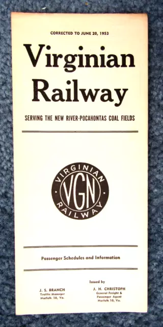 Virginian Railway Passenger Timetable June 20, 1953  N&W Ns