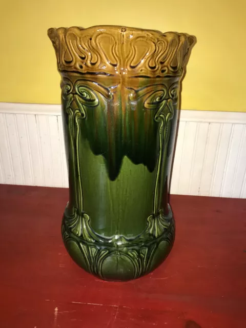 Antique Majolica Brown & Green Drip Style Umbrella Cane Holder