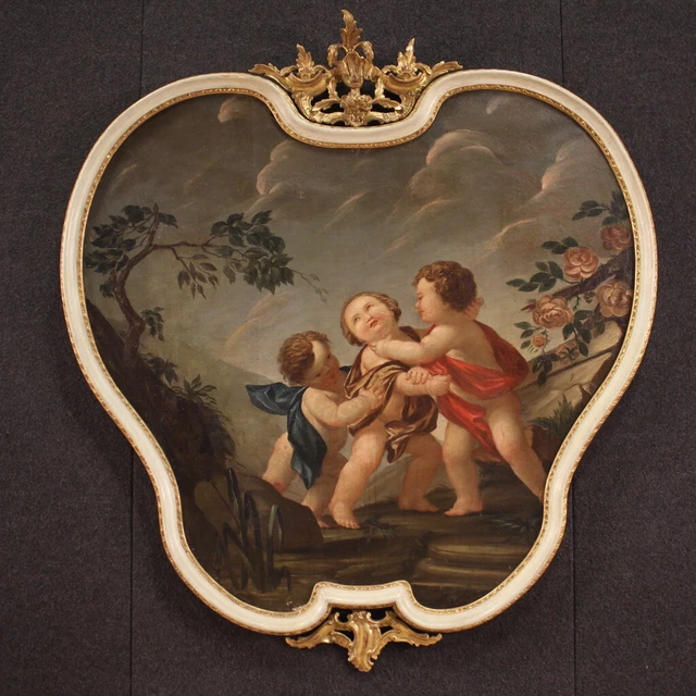 Cuadro antiguo querubines pintura oleo sobre lienzo siglo XVIII marco lacado