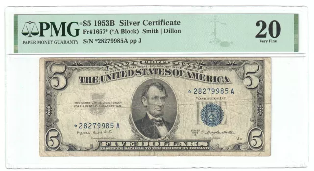 1953 B $5 Silver Certificate Star ⭐. Fr#1657⭐. PMG VF-20.  Y00011031