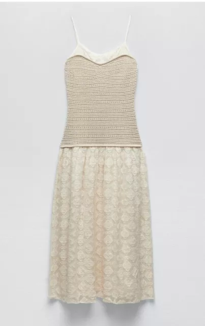 Zara Ecru KNIT MIDI DRESS WITH CONTRAST CUTWORK EMBROIDERY Size Small