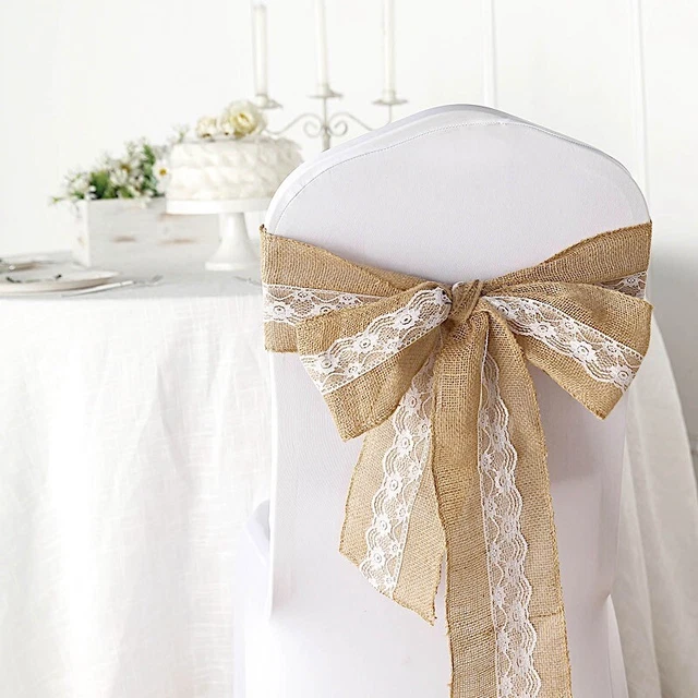 5x108-Inch Natural BURLAP CHAIR SASH White Floral Lace Party Event Supplies