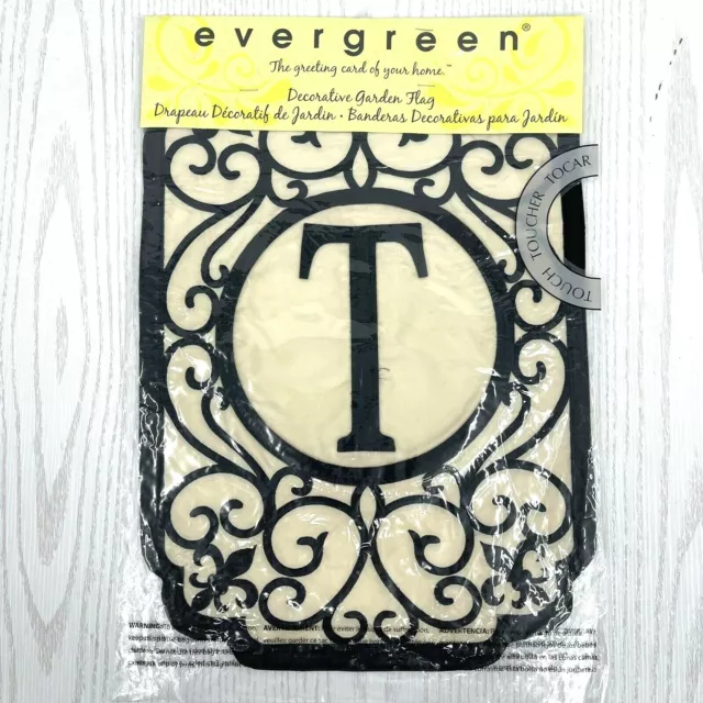 Garden Flag "T" Filigree Monogram 18x12 Black Embroidered on Cream 2-Side Satin