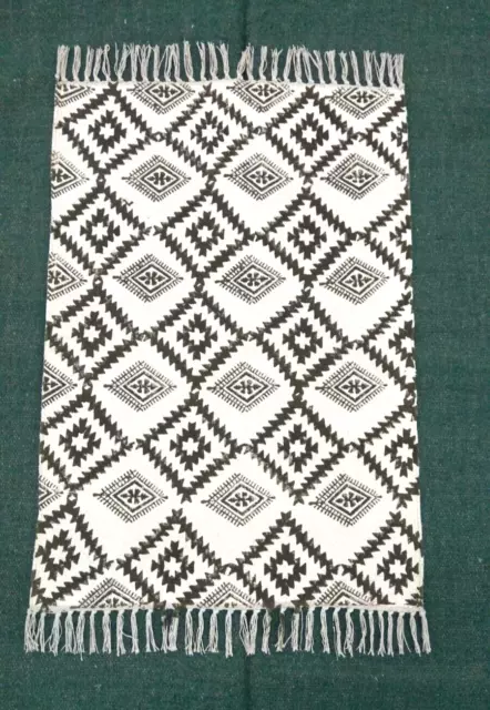 Cotton Block Print Rug Woven Modern Small Door Mat Washable 2x3 Feet Dhurrie Mat