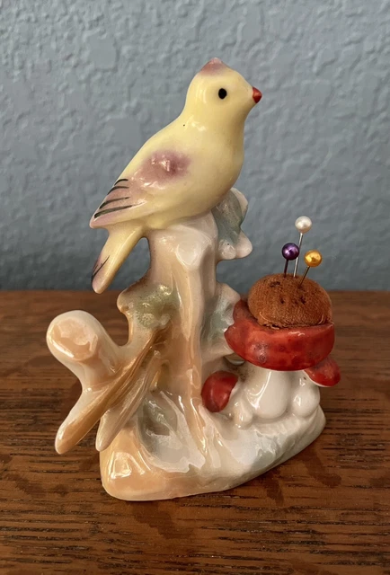 Vintage Japan Luster Porcelain Gold Finch Bird & Mushroom Pin Cushion Vintage Japan Luster Porcelain Gold Finch Bird & Mushroom Pin Cushion