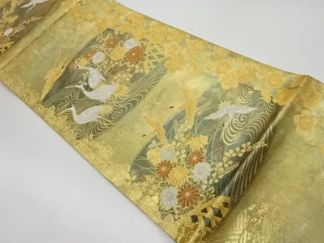 6133724: Japanese Kimono / Vintage Fukuro Obi / Woven Cranes & Ume Blossom