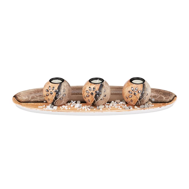 Set portacandele da tavolo con vassoio e ciottoli decorativi