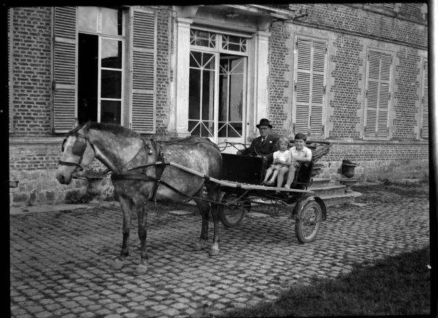 Man & Child Castle Horse Cart - Antique Photo Negative Year 1930