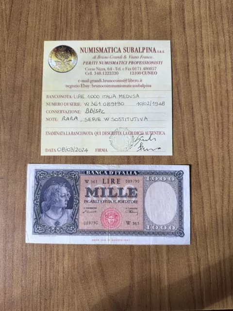 Billet Livres 1000 Italie Medusa 10 2 1948 Série W Remplacement Rare BB / Spl Aa