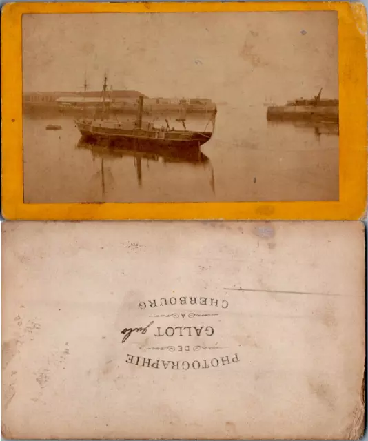 France, Cherbourg, Bateau à vapeur dans le port, circa 1870 CDV vintage albumen