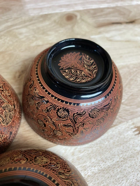 SET OF 3 Burmese Lacquer Bowls Cups Hand Painted Lacquerware Asian Myanmar 8